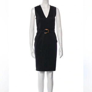 GUCCI Fitted Sleeveless V-neck Bamboo Belted Sheath Dress Black Luxury Size M